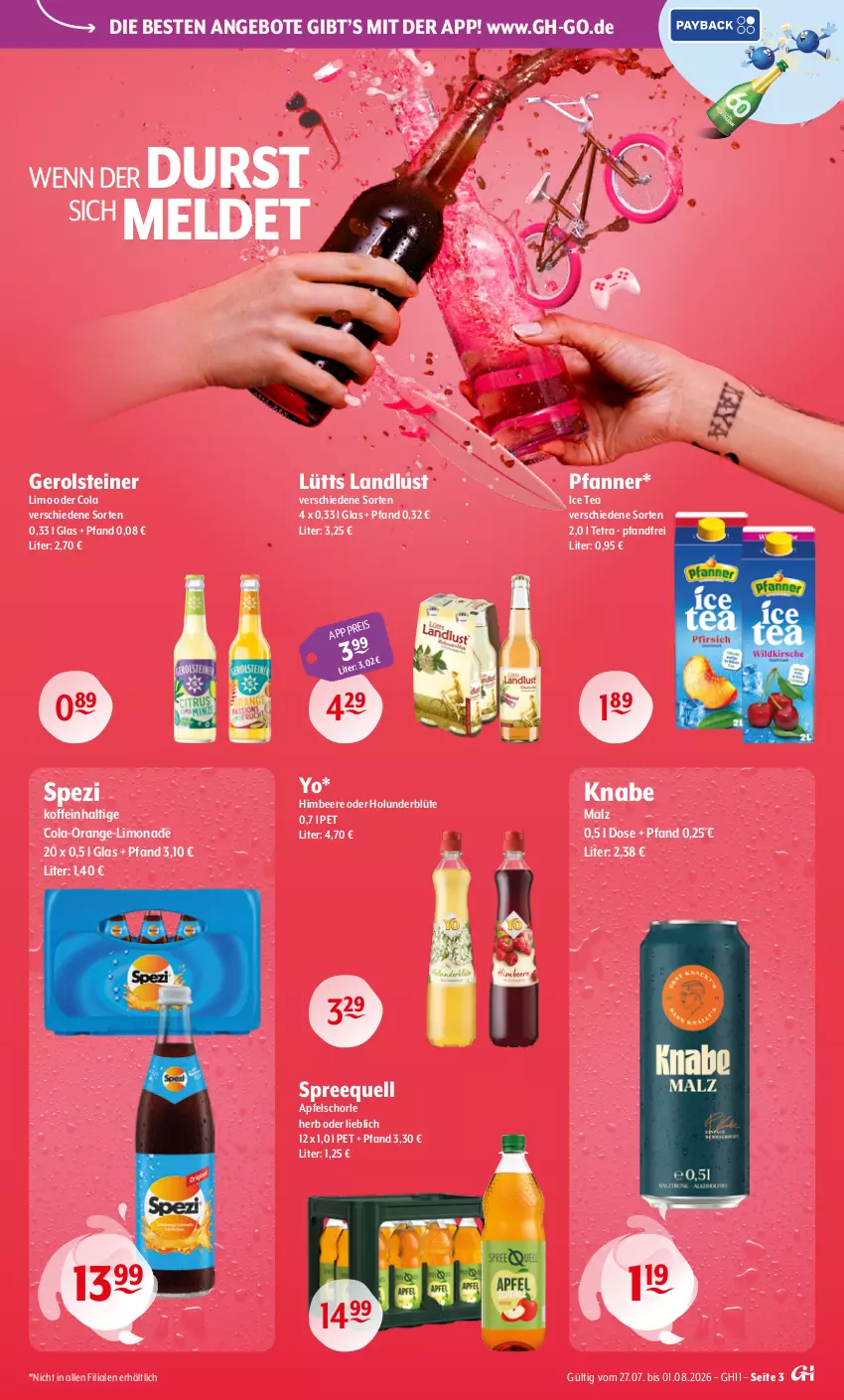 Aktueller Prospekt Getraenke Hoffmann - Prospekte - von 27.07 bis 01.08.2026 - strona 3 - produkty: angebot, angebote, apfel, Apfelschorle, beere, Blüte, cola, eis, gerolsteine, gerolsteiner, himbeer, himbeere, holunder, holunderblüte, ice tea, limo, limonade, malz, orange, pfanne, Pfanner, schorle, Spezi, Spreequell, steiner, Ti, Yo