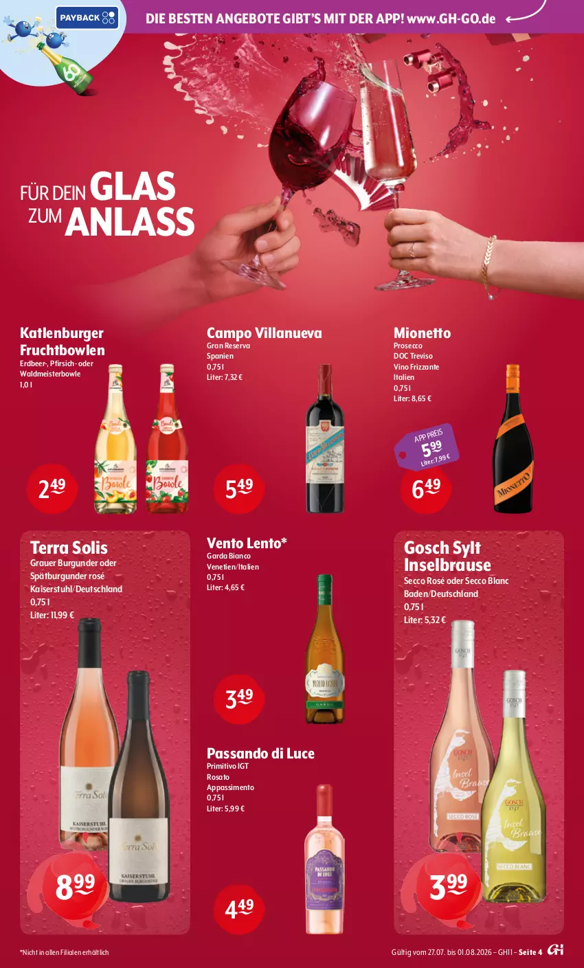 Aktueller Prospekt Getraenke Hoffmann - Prospekte - von 27.07 bis 01.08.2026 - strona 4 - produkty: angebot, angebote, auer, Bad, bowle, brause, burger, burgunder, ecco, eis, frizzante, frucht, grauer burgunder, Kaiser, katlenburger, Meister, mionetto, pfirsich, primitivo, prosecco, rosato, sim, spätburgunder, stuhl, Ti, waldmeister