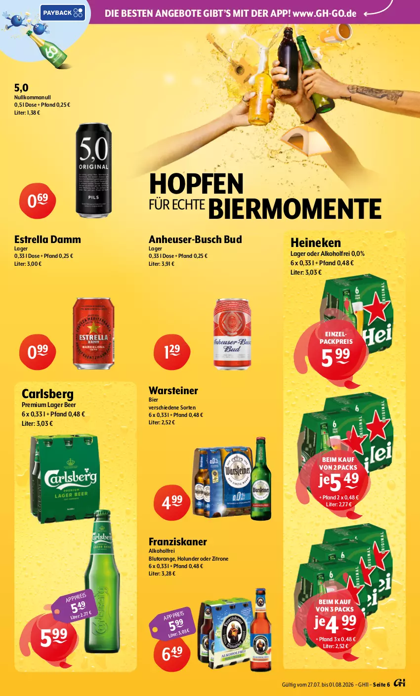 Aktueller Prospekt Getraenke Hoffmann - Prospekte - von 27.07 bis 01.08.2026 - strona 6 - produkty: alkohol, angebot, angebote, bier, Blutorange, carlsberg, eis, ente, Estrella Damm, franziskaner, heineken, Heu, holunder, orange, reis, rel, steiner, Ti, warsteiner, zitrone