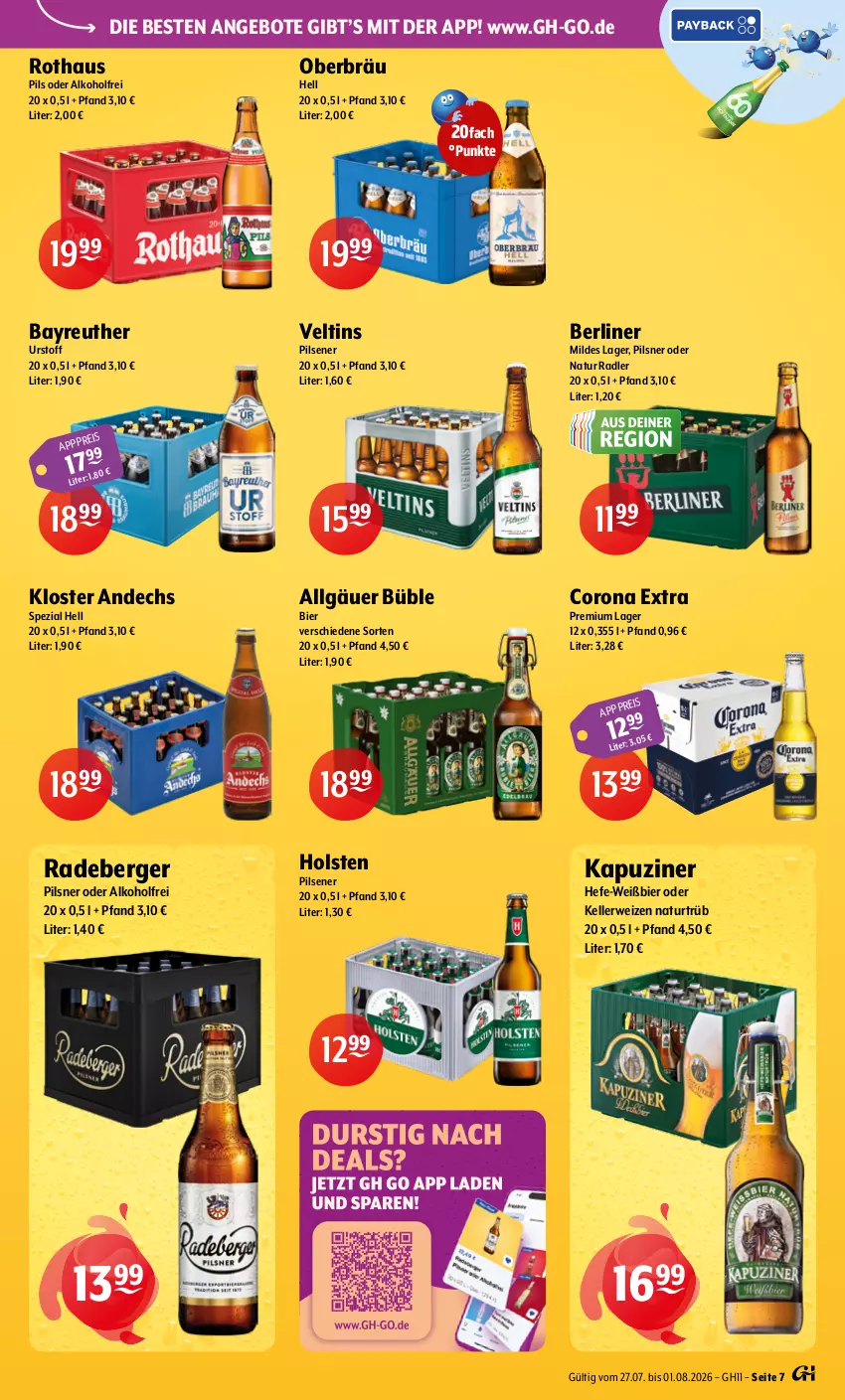 Aktueller Prospekt Getraenke Hoffmann - Prospekte - von 27.07 bis 01.08.2026 - strona 7 - produkty: alkohol, angebot, angebote, Berger, berliner, bier, corona, corona extra, eis, elle, Hefe, holsten, holsten pilsener, Kloster Andechs, LG, natur, natur radler, pils, pilsener, pilsner, radeberger, radeberger pilsner, radler, rwe, Spezi, Ti, veltins, veltins pilsener