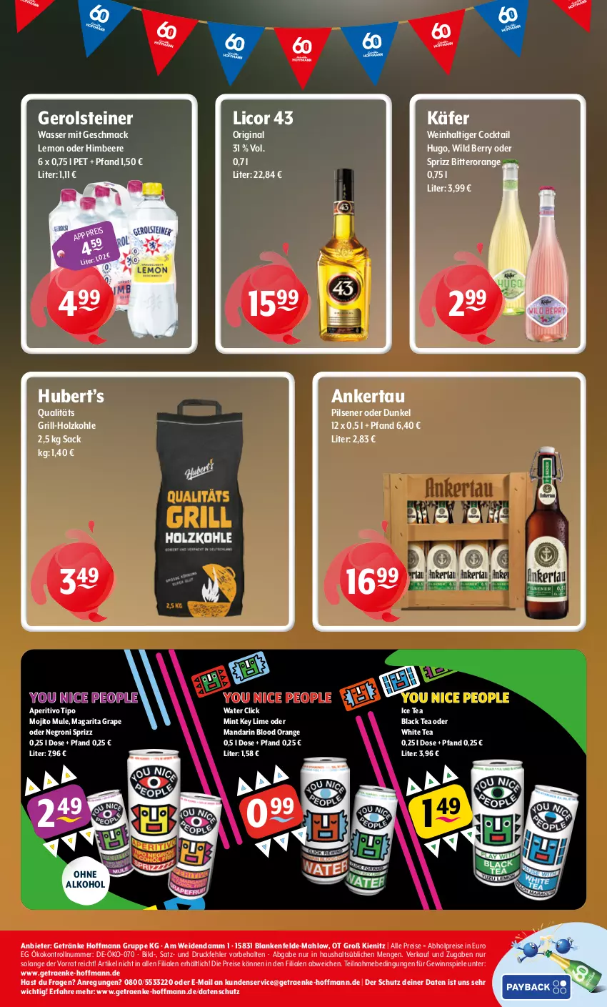 Aktueller Prospekt Getraenke Hoffmann - Prospekte - von 27.07 bis 01.08.2026 - strona 8 - produkty: abholpreise, alkohol, beere, cocktail, eis, gerolsteine, gerolsteiner, getränk, getränke, gewinnspiel, gin, grill, grill-holzkohle, himbeer, himbeere, Holz, holzkohle, hugo, ice tea, käfer, lack, licor, licor 43, mac, mint, mojito, ohne alkohol, orange, pils, pilsener, reis, sac, Spiele, Sprizz, steiner, Ti, wasser, wein, Wild, wild berry, Yo