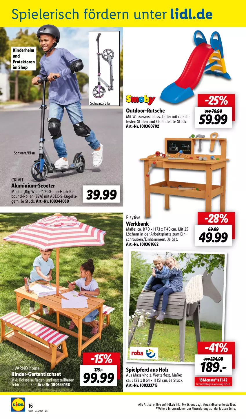 Aktueller Prospekt Lidl - Aktuelle Onlineshop-Highlights - von 01.03 bis 31.03.2024 - strona 16 - produkty: arbeitsplatte, Bank, crivit, dell, Garten, gartentisch, Holz, Kinder, Kugel, latte, massivholz, Mode, ndk, schrauben, scooter, Spiele, Ti, tisch, Tischset, wasser, ZTE