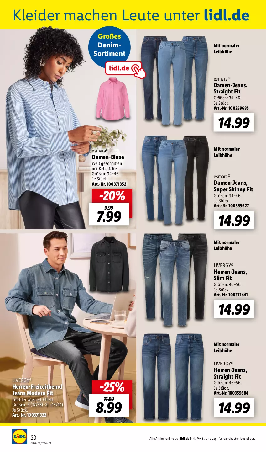 Aktueller Prospekt Lidl - Aktuelle Onlineshop-Highlights - von 01.03 bis 31.03.2024 - strona 20 - produkty: bluse, damen-bluse, elle, esmara, Freizeithemd, hemd, herren-jeans, jeans, kleid, kleider, livergy, mac, Mode, ndk, schnitten, Ti