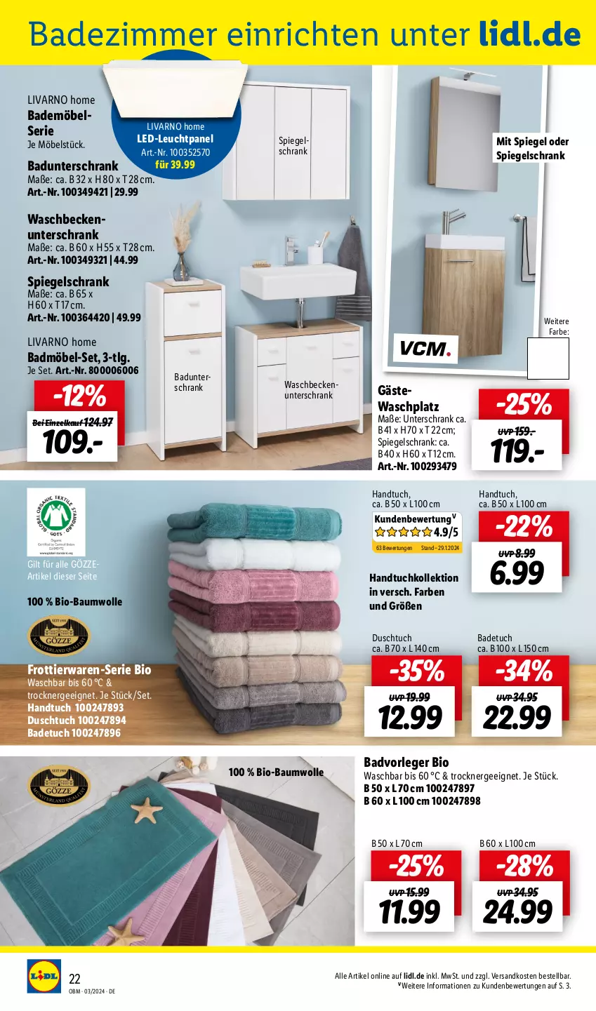 Aktueller Prospekt Lidl - Aktuelle Onlineshop-Highlights - von 01.03 bis 31.03.2024 - strona 22 - produkty: Bad, Bademöbel, badetuch, Badmöbel, Bau, baumwolle, Beckenunterschrank, bio, bio-baumwolle, duschtuch, Ergee, gözze, handtuch, HP, LG, möbel, ndk, Schrank, spiegel, spiegelschrank, Ti, Trockner, tuc, unterschrank, waschbecken, waschbeckenunterschrank, Waschplatz, wolle