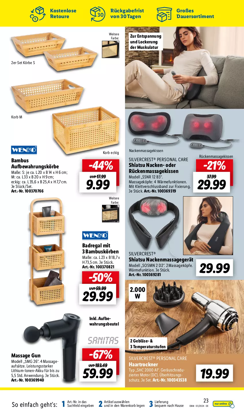 Aktueller Prospekt Lidl - Aktuelle Onlineshop-Highlights - von 01.03 bis 31.03.2024 - strona 23 - produkty: akku, auer, Bad, Badregal, bambus, beutel, dell, eis, haartrockner, kissen, korb, Massagegerät, Mode, Persona, regal, silvercrest, Ti, Trockner, überhitzungsschutz