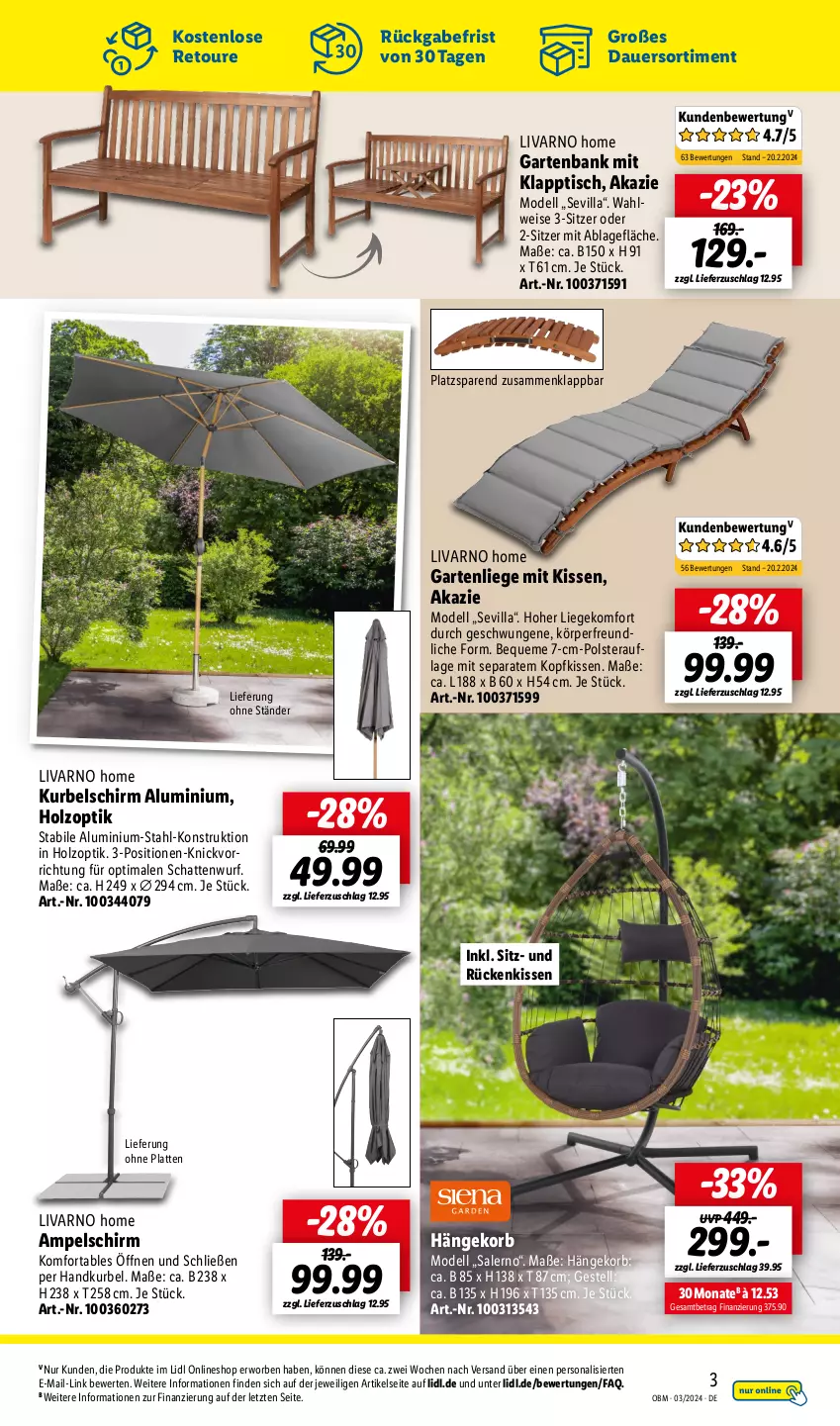 Aktueller Prospekt Lidl - Aktuelle Onlineshop-Highlights - von 01.03 bis 31.03.2024 - strona 3 - produkty: ampelschirm, auer, Bank, dell, eis, Garten, gartenbank, gartenliege, Holz, kissen, klapptisch, kopfkissen, korb, latte, Liege, Mode, ndk, Persona, Rückenkissen, Ti, tisch, ZTE