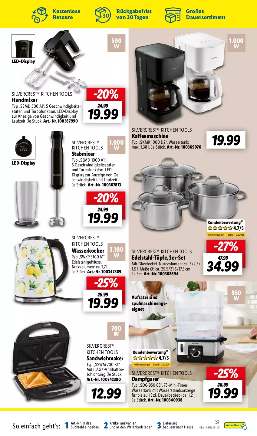 Aktueller Prospekt Lidl - Aktuelle Onlineshop-Highlights - von 01.03 bis 31.03.2024 - strona 31 - produkty: auer, decke, Deckel, edelstahl, Glasdeckel, handmixer, ilag, kaffee, kaffeemaschine, Kocher, korb, LG, Mixer, sandwich, silvercrest, spülmaschinen, stabmixer, Ti, timer, wasser, wasserkocher, wassertank