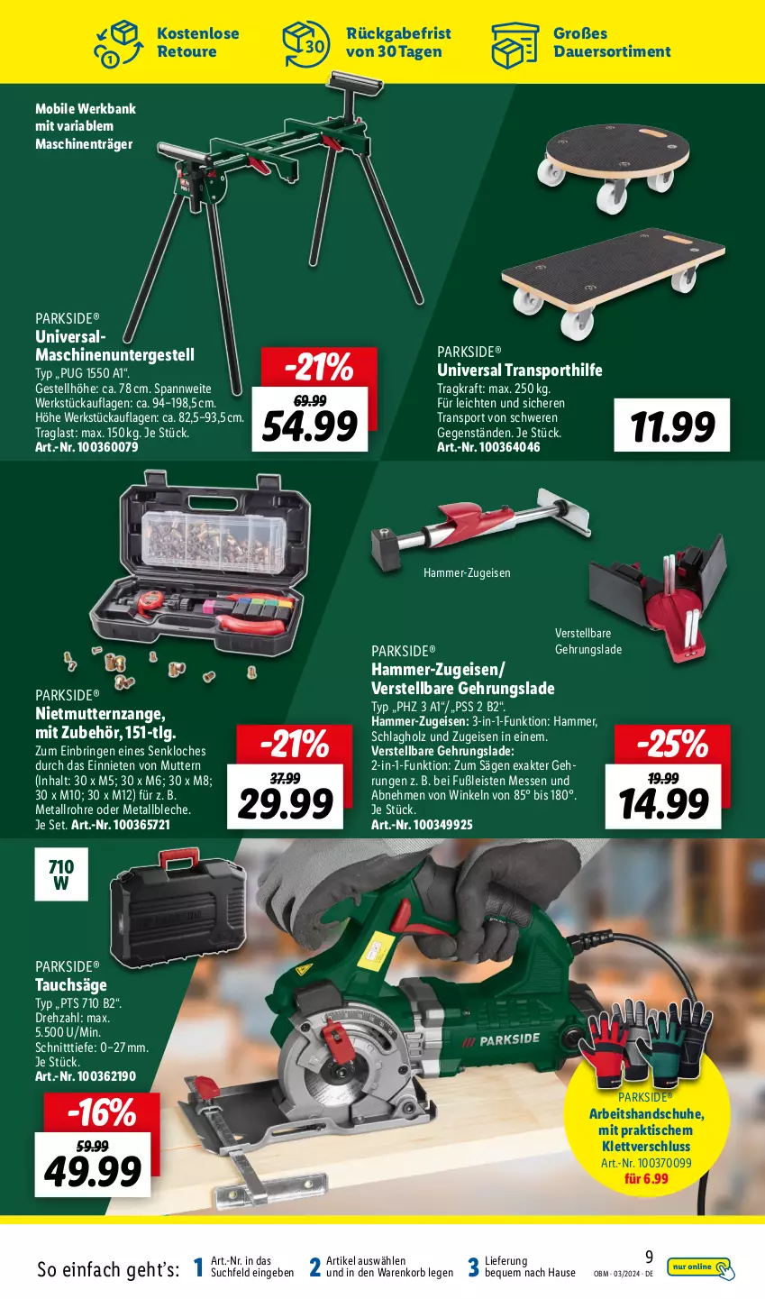 Aktueller Prospekt Lidl - Aktuelle Onlineshop-Highlights - von 01.03 bis 31.03.2024 - strona 9 - produkty: auer, Bank, eis, handschuhe, Holz, korb, kraft, LG, Parkside, Ria, ring, säge, schuhe, Sport, Tauchsäge, Ti, tisch