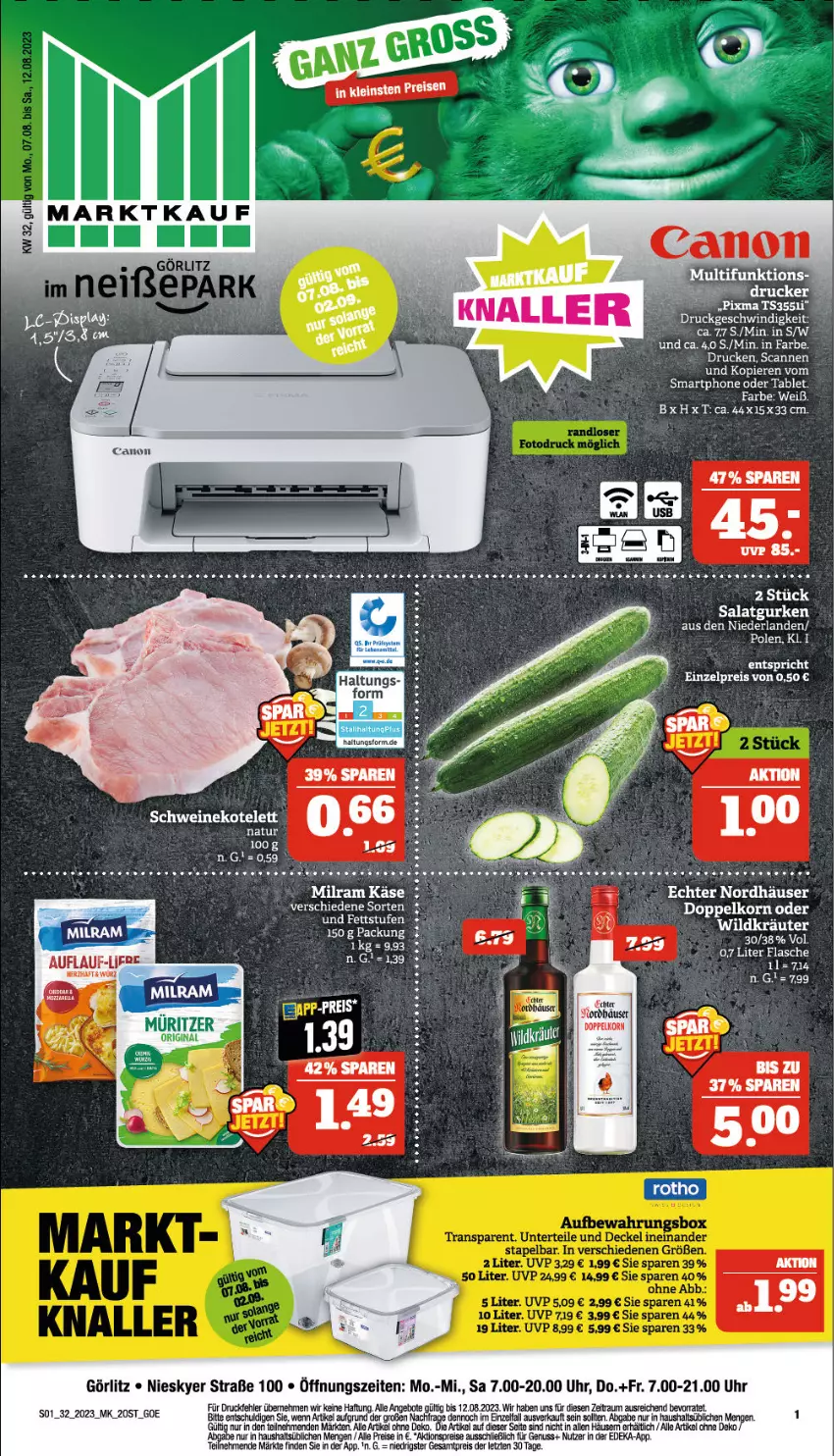 Aktueller Prospekt Marktkauf - Prospekt - von 06.08 bis 12.08.2023 - strona 1 - produkty: aktionspreis, canon, deka, doppelkorn, eis, flasche, gin, gurke, gurken, Käse, korn, milram, natur, nuss, reis, salat, Salatgurke, salatgurken, schwein, schweine, smartphone, tablet, Ti, uhr, wein, weine, ZTE