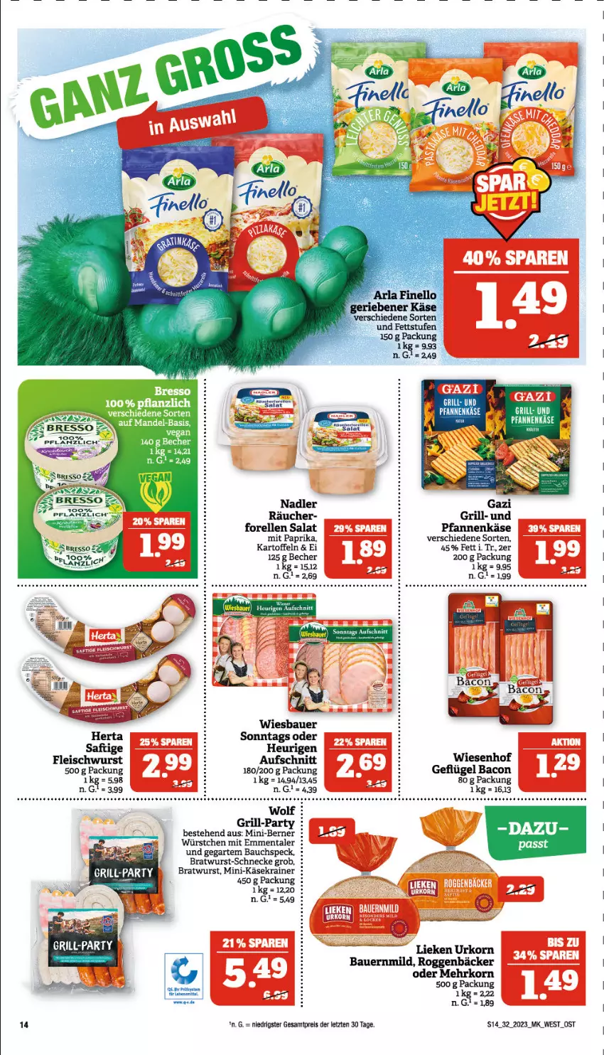 Aktueller Prospekt Marktkauf - Prospekt - von 06.08 bis 12.08.2023 - strona 14 - produkty: auer, bacon, Bau, Bauer, Becher, bratwurst, eis, elle, emmentaler, fleisch, fleischwurst, forelle, Geflügel, grill, herta, kartoffel, kartoffeln, Käse, Käsekrainer, korn, lebensmittel, lieken, mandel, mit paprika, nadler, paprika, pfanne, pfannen, pfannenkäse, reis, rel, saft, salat, Speck, Ti, urkorn, usb, wiesbauer, wiesenhof, wurst, würstchen, ZTE