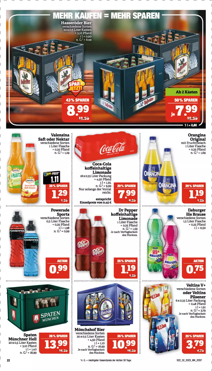 Aktueller Prospekt Marktkauf - Prospekt - von 06.08 bis 12.08.2023 - strona 22 - produkty: bier, brause, burger, coca-cola, cola, eis, flasche, fleisch, frucht, fruchtfleisch, gin, hasseröder, limo, limonade, mit frucht, mönchshof, Nektar, pils, pilsener, reis, saft, Spaten, Sport, Ti, valensina, veltins, ZTE