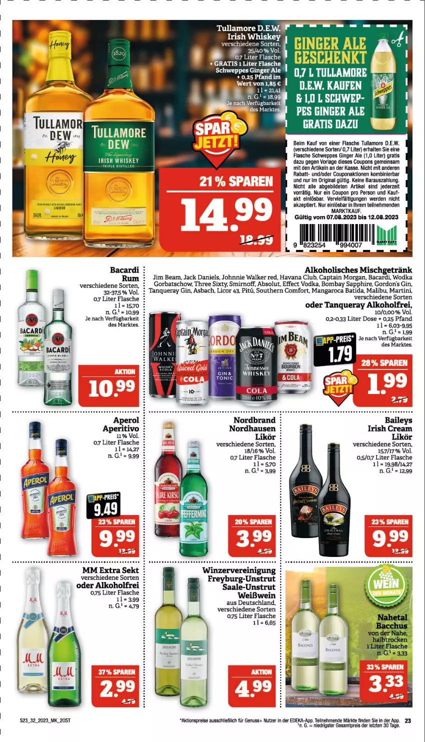 Aktueller Prospekt Marktkauf - Prospekt - von 06.08 bis 12.08.2023 - strona 23 - produkty: ACC, aktionspreis, alkohol, aperol, bacardi, baileys, batida, bombay sapphire, Cap, captain morgan, coupon, coupons, deka, Effect, eis, erde, flasche, getränk, gin, ginger, ginger ale, Gorbatschow, gordon, gordon's, Havana Club, irish cream, irish whiskey, jack daniel, jack daniels, jim beam, johnnie walker, licor, licor 43, likör, Malibu, mangaroca, martini, mm extra, nordbrand, nuss, Reinigung, reis, rum, sapphire, schweppes, sekt, smirnoff, Southern Comfort, Tanqueray, Three Sixty, Ti, tonic, tullamore, vodka, whiskey, wodka, ZTE