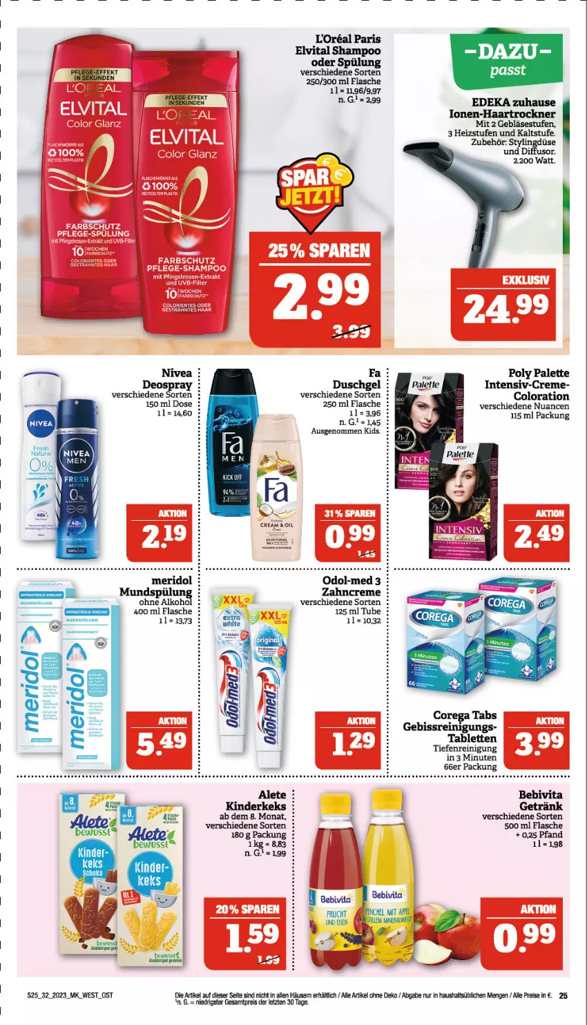 Aktueller Prospekt Marktkauf - Prospekt - von 06.08 bis 12.08.2023 - strona 25 - produkty: bebivita, creme, deka, deo, deospray, duschgel, eis, elvital, fa duschgel, flasche, getränk, haartrockner, keks, Kinder, meridol, mundspülung, natur, natura, nivea, Nuance, Odol, Palette, Reinigung, reis, shampoo, spülung, tablet, tablett, Tablette, tee, Ti, Trockner, vita, zahncreme, ZTE