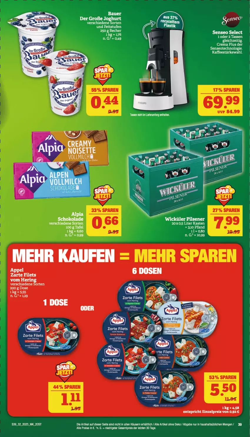 Aktueller Prospekt Marktkauf - Prospekt - von 06.08 bis 12.08.2023 - strona 39 - produkty: alpia, eis, ente, filet, filets, joghur, joghurt, omega, pils, pilsener, reis, rum, schoko, schokolade, senseo, tasse, Ti, tomate, WICK