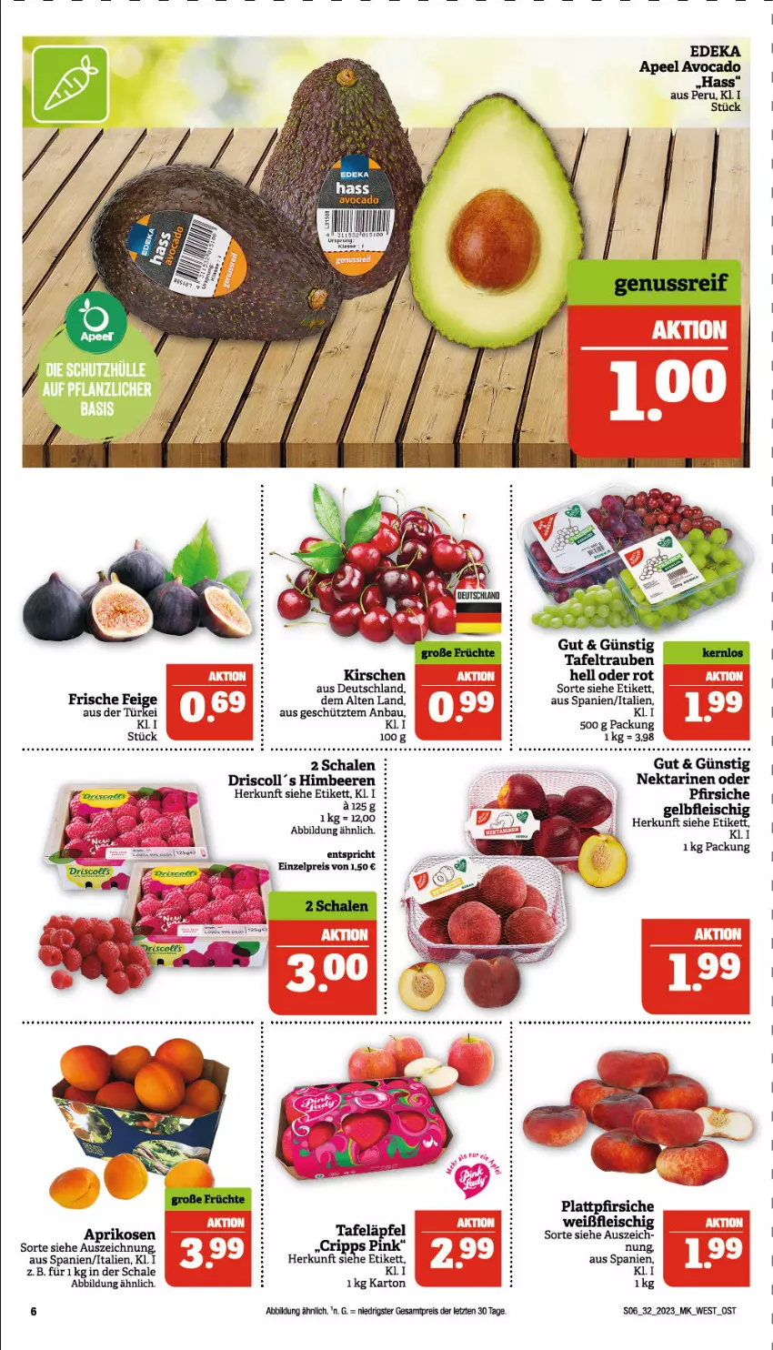 Aktueller Prospekt Marktkauf - Prospekt - von 06.08 bis 12.08.2023 - strona 6 - produkty: aprikose, aprikosen, avocado, Bau, beere, beeren, deka, eis, fleisch, gin, himbeer, himbeere, himbeeren, kirsch, kirsche, kirschen, Nektar, nektarinen, nektarinen oder, reis, Schal, Schale, tafeläpfel, tafeltrauben, Ti, trauben, ZTE