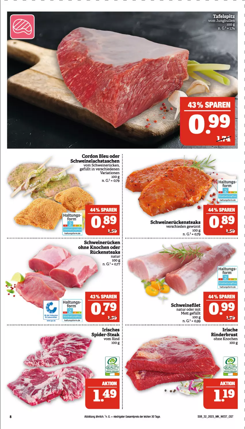 Aktueller Prospekt Marktkauf - Prospekt - von 06.08 bis 12.08.2023 - strona 8 - produkty: cordon bleu, eis, filet, gewürz, jungbullen, lachs, Mett, natur, reis, Ria, rind, rinder, Rückensteak, rückensteaks, schwein, schweine, schweinefilet, Schweinelachs, schweinerücken, steak, steaks, tafelspitz, Tasche, taschen, Ti, wein, weine, ZTE