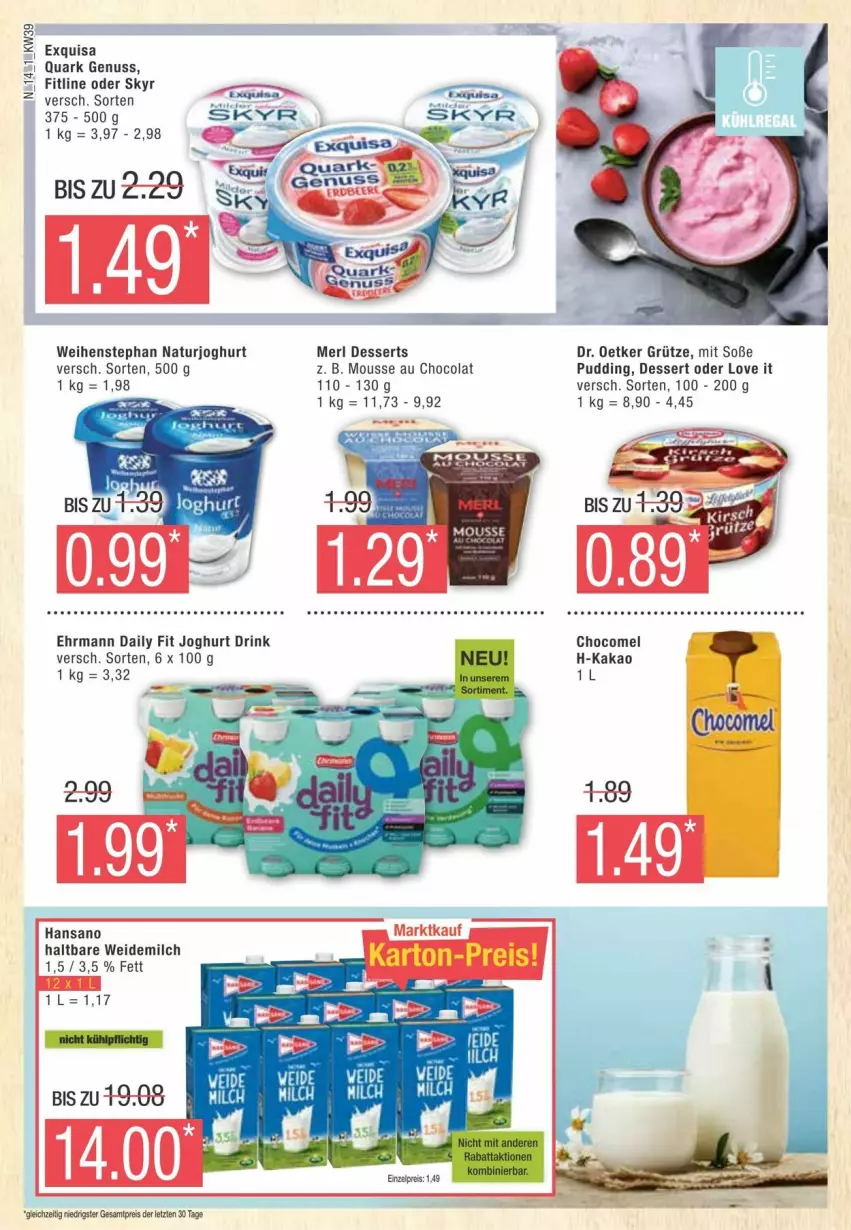 Aktueller Prospekt Edeka - Prospekte - von 21.09 bis 28.09.2024 - strona 14 - produkty: cola, dessert, desserts, Dr. Oetker, drink, ehrmann, eis, exquisa, fitline, grütze, joghur, joghurt, kakao, merl, milch, mousse, Mousse au Chocolat, natur, naturjoghurt, nuss, pudding, quark, quark genus, quark genuss, reis, Skyr, Soße, Ti, weidemilch, weihenstephan, ZTE