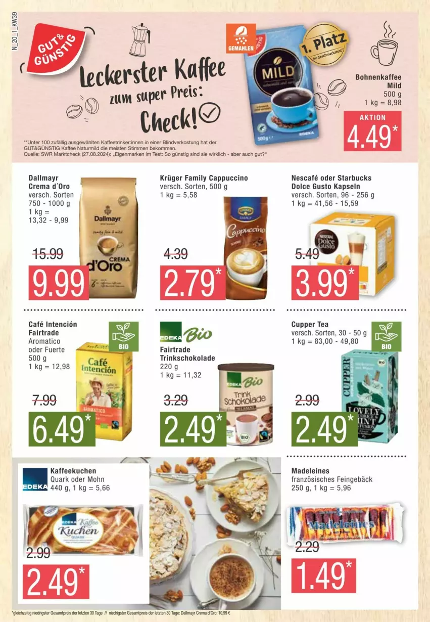 Aktueller Prospekt Edeka - Prospekte - von 21.09 bis 28.09.2024 - strona 20 - produkty: beko, bohne, bohnen, bohnenkaffee, Cap, cappuccino, cin, dallmayr, dolce gusto, eis, elle, kaffee, krüger, kuchen, leine, natur, nescafe, quark, schoko, schokolade, starbucks, Ti