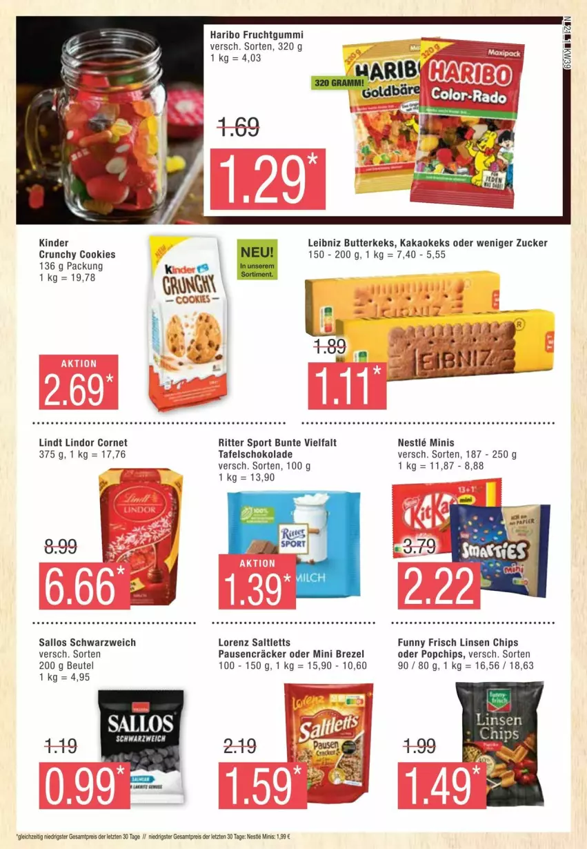 Aktueller Prospekt Edeka - Prospekte - von 21.09 bis 28.09.2024 - strona 21 - produkty: beutel, brezel, butter, butterkeks, chips, cookie, cookies, frucht, fruchtgummi, Funny Frisch, haribo, kakao, keks, Kinder, leibniz, lindor, lindt, linsen, lorenz, ritter, ritter sport, saltletts, schoko, schokolade, Sport, tafelschokolade, ZTE, zucker