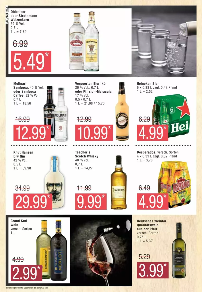 Aktueller Prospekt Edeka - Prospekte - von 21.09 bis 28.09.2024 - strona 22 - produkty: bier, caffe, desperados, dry gin, eier, eierlikör, eis, gin, grand sud, heineken, korn, likör, maracuja, Molinari, pfirsich, qualitätswein, reis, sambuca, scotch, scotch whisky, verpoorten, wein, weizenkorn, whisky, ZTE