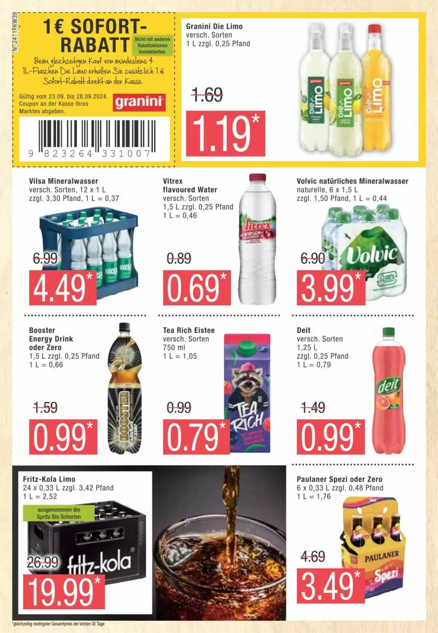 Aktueller Prospekt Edeka - Prospekte - von 21.09 bis 28.09.2024 - strona 24 - produkty: Alwa, coupon, deit, drink, eis, eistee, elle, energy drink, flasche, fritz, fritz-kola, granini, granini die limo, limo, mineralwasser, natur, natürliches mineralwasser, Paula, paulaner, reis, rel, Spezi, tee, Ti, vilsa, vitrex, volvic, volvic natürliches, wasser, ZTE