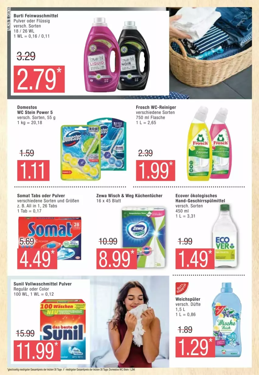 Aktueller Prospekt Edeka - Prospekte - von 21.09 bis 28.09.2024 - strona 26 - produkty: burti, domestos, feinwaschmittel, flasche, Frosch, geschirr, geschirrspülmittel, küche, Küchen, küchentücher, reiniger, somat, spülmittel, sunil, Ti, tücher, vollwaschmittel, waschmittel, wc-reiniger, weichspüler, zewa, ZTE