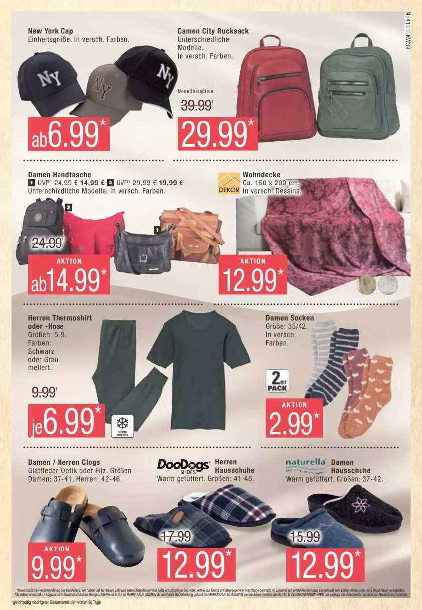 Aktueller Prospekt Edeka - Prospekte - von 21.09 bis 28.09.2024 - strona 41 - produkty: angebot, Cap, Clogs, decke, dell, eis, elle, ente, Handtasche, Hausschuhe, hose, Mode, natur, Naturella, reis, rel, rucksack, sac, schuhe, shirt, socken, Spiele, Tasche, Thermoshirt, Ti, Yo, ZTE