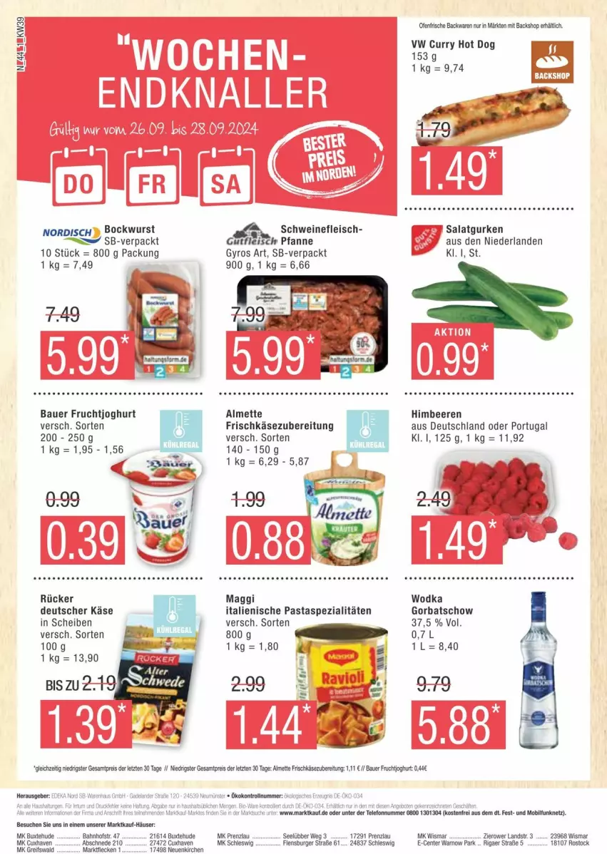 Aktueller Prospekt Edeka - Prospekte - von 21.09 bis 28.09.2024 - strona 44 - produkty: almette, auer, backwaren, Bau, Bauer, beere, beeren, bockwurst, burger, curry, eis, ente, fleisch, flensburger, frische backwaren, frischkäse, frischkäsezubereitung, frucht, fruchtjoghurt, Gorbatschow, gurke, gurken, gutfleisch, gyros, himbeer, himbeere, himbeeren, hot dog, italienische pasta, joghur, joghurt, Käse, maggi, Mett, Ofen, pasta, pfanne, salat, Salatgurke, salatgurken, schwein, schweine, schweinefleisch, Spezi, wein, weine, wodka, wurst