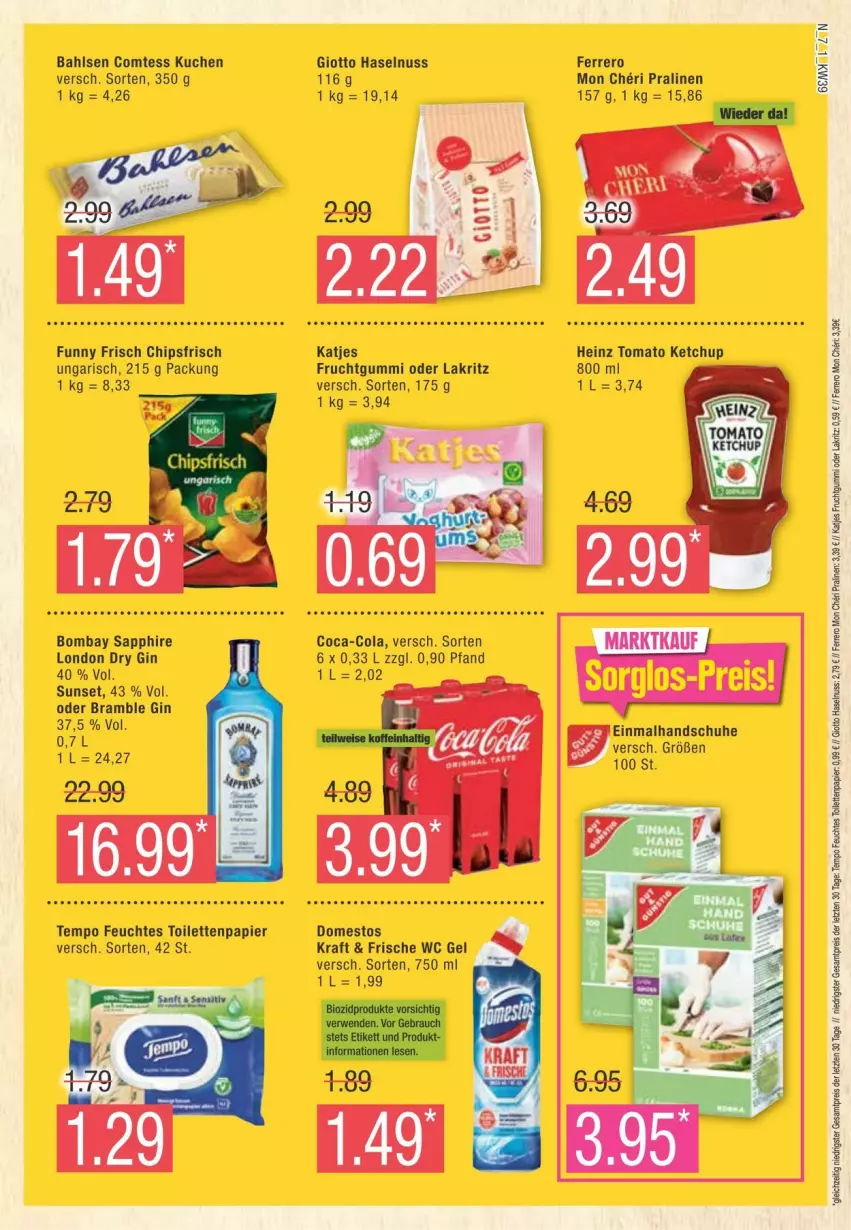 Aktueller Prospekt Edeka - Prospekte - von 21.09 bis 28.09.2024 - strona 7 - produkty: bahlsen, bombay sapphire, chips, chipsfrisch, coca-cola, cola, comtess, comtess kuchen, domestos, dry gin, ferrero, feuchtes toilettenpapier, frucht, fruchtgummi, Funny Frisch, gin, giotto, handschuhe, haselnuss, katjes, kraft, kuchen, Lakritz, london dry, london dry gin, nuss, oder lakritz, papier, pralinen, sapphire, schuhe, Tempo, toilettenpapier, ZTE