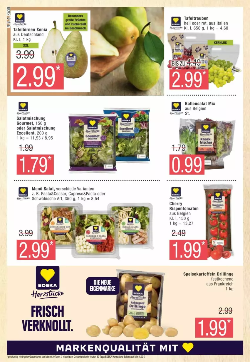 Aktueller Prospekt Edeka - Prospekte - von 21.09 bis 28.09.2024 - strona 8 - produkty: ball, Birnen, Cap, deka, eis, elle, kartoffel, kartoffeln, LG, pasta, reis, Ria, rispentomaten, salat, speisekartoffeln, tafelbirnen, tafeltrauben, Ti, tomate, tomaten, trauben, tuc, ZTE