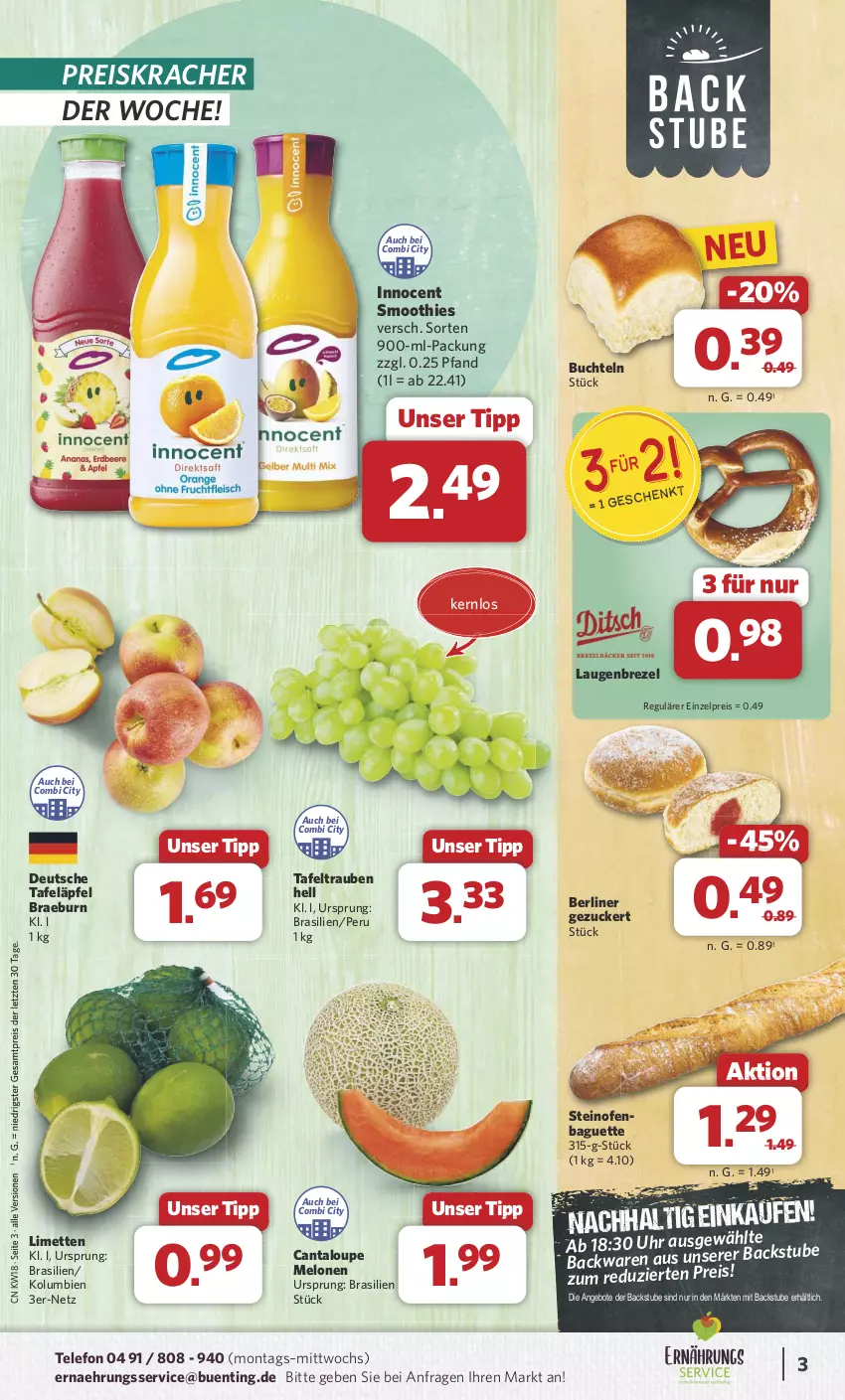 Aktueller Prospekt Combi - Prospekte - von 29.04 bis 04.05.2024 - strona 3 - produkty: angebot, angebote, baguette, berliner, brezel, buch, eis, Innocent, kracher, Laugenbrezel, limette, limetten, melone, melonen, Mett, metten, Ofen, reis, smoothie, smoothies, steinofen, stube, tafeläpfel, tafeltrauben, telefon, Ti, trauben, uhr, ZTE, zucker