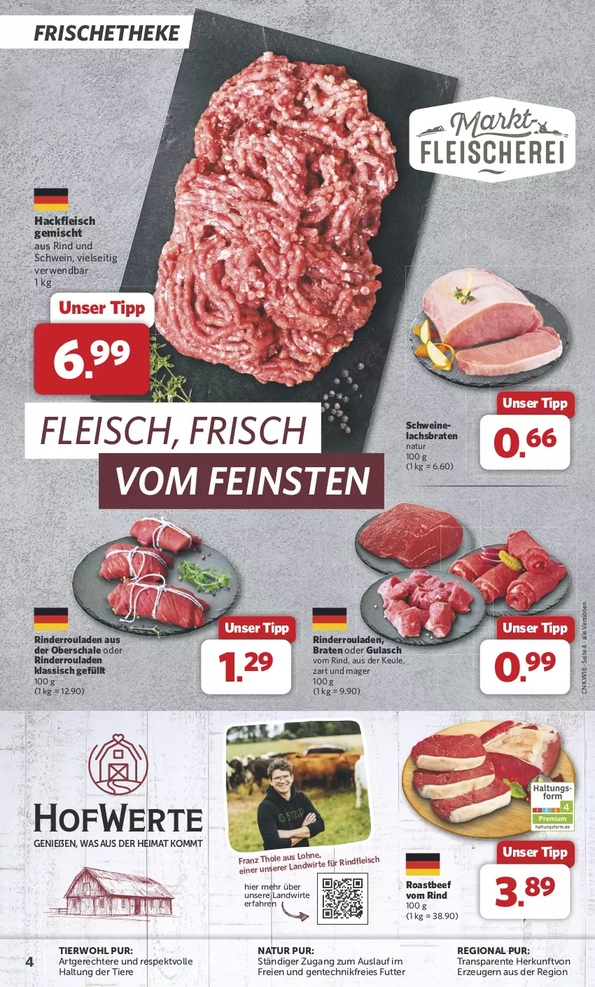 Aktueller Prospekt Combi - Prospekte - von 29.04 bis 04.05.2024 - strona 4 - produkty: beef, braten, eis, ente, fleisch, gulasch, hackfleisch, hackfleisch gemischt, lachs, Lachsbraten, natur, rind, rinder, Rinderroulade, rinderrouladen, rindfleisch, roastbeef, rouladen, rwe, Schal, Schale, schwein, schweine, Ti, Tiere, wein, weine