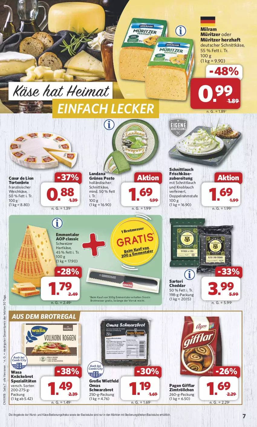 Aktueller Prospekt Combi - Prospekte - von 29.04 bis 04.05.2024 - strona 7 - produkty: angebot, angebote, brie, brot, cheddar, deutscher schnittkäse, doppelrahmstufe, eis, emmentaler, französischer weichkäse, frischkäse, frischkäsezubereitung, hartkäse, holländischer schnittkäse, Käse, knäckebrot, knoblauch, lion, messer, milram, pesto, regal, reis, schnittkäse, schnittlauch, Schwarzbrot, schweizer hartkäse, Spezi, stube, Ti, torte, wasa, weichkäse, wurst, ZTE