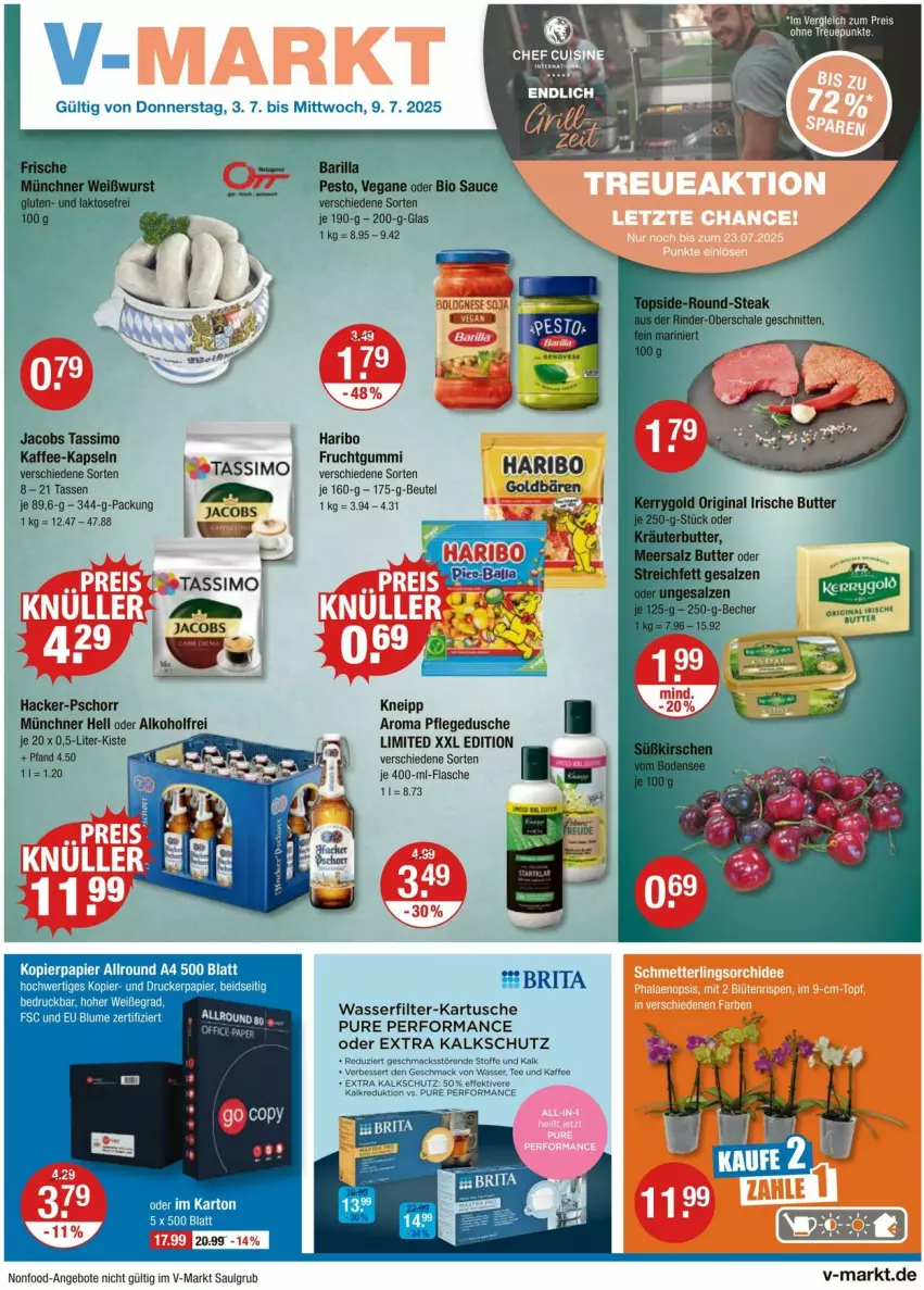 Aktueller Prospekt Vmarkt - Prospekte - von 03.07 bis 09.07.2025 - strona 1 - produkty: angebot, angebote, beutel, brita, butter, dusche, eis, flasche, frucht, fruchtgummi, haribo, jacobs, kaffee, kneipp, kopierpapier, LG, mac, papier, pflegedusche, reis, Ti, wasser, wasserfilter