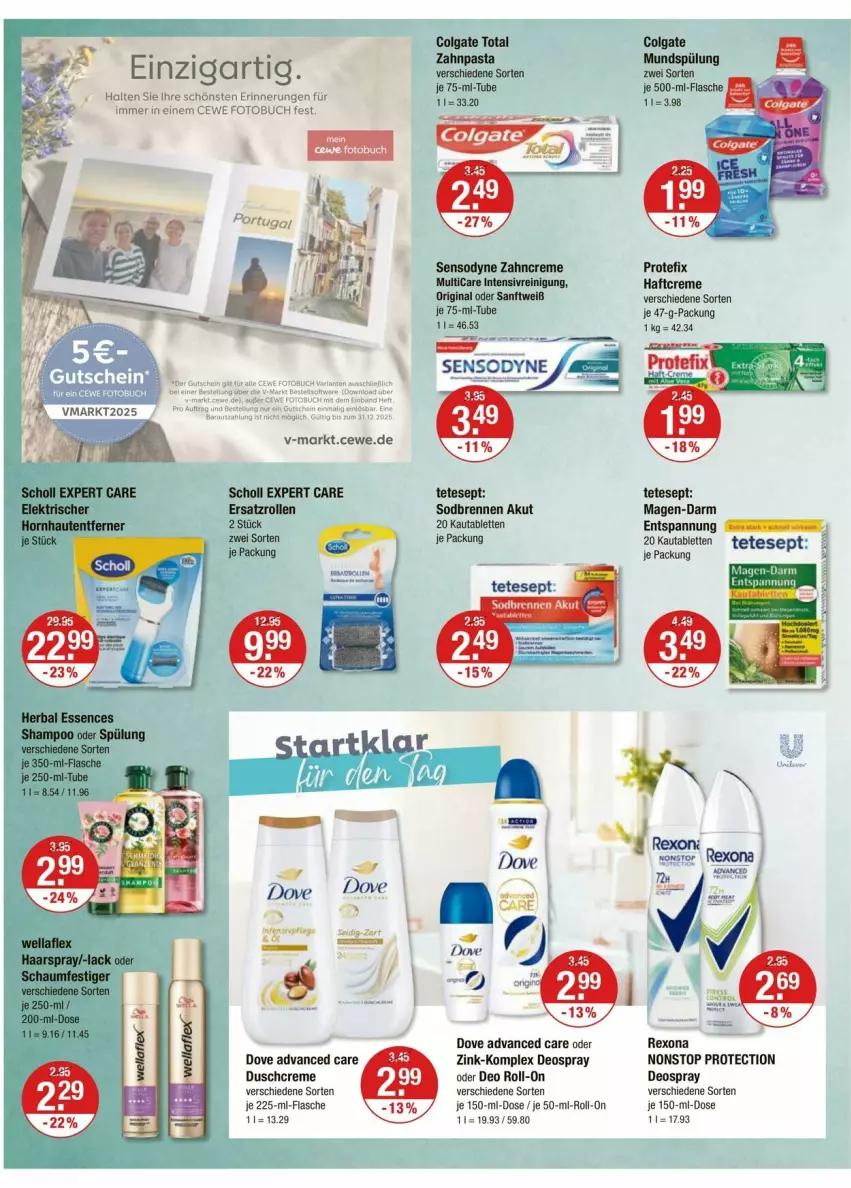 Aktueller Prospekt Vmarkt - Prospekte - von 03.07 bis 09.07.2025 - strona 10 - produkty: buch, cewe, colgate, colgate total, creme, deo, deo roll-on, deospray, dove, duschcreme, ente, flasche, Fotobuch, gin, haarspray, Haftcreme, lack, LG, mundspülung, oder deo roll-on, oder schaumfestiger, pasta, Reinigung, rexona, roll-on, schaumfestiger, scholl, sensodyne, spülung, tablet, tablett, Tablette, Ti, zahncreme, zahnpasta