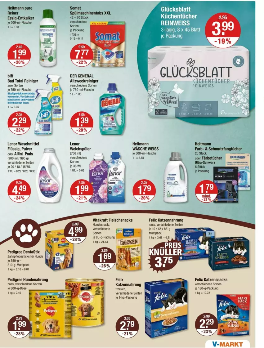 Aktueller Prospekt Vmarkt - Prospekte - von 03.07 bis 09.07.2025 - strona 11 - produkty: allzweckreiniger, asti, Bad, biff, bio, dentastix, eis, entkalker, essig, felix, flasche, fleisch, heitmann, hocker, hundenahrung, hundesnack, katzennahrung, katzensnack, katzensnacks, kraft, küche, Küchen, küchentücher, lenor, lenor waschmittel, pedigree, Pods, Rauch, reiniger, snack, snacks, somat, spülmaschinen, spülmaschinentabs, Ti, tücher, vita, vitakraft, waschmittel, weck, weichspüler