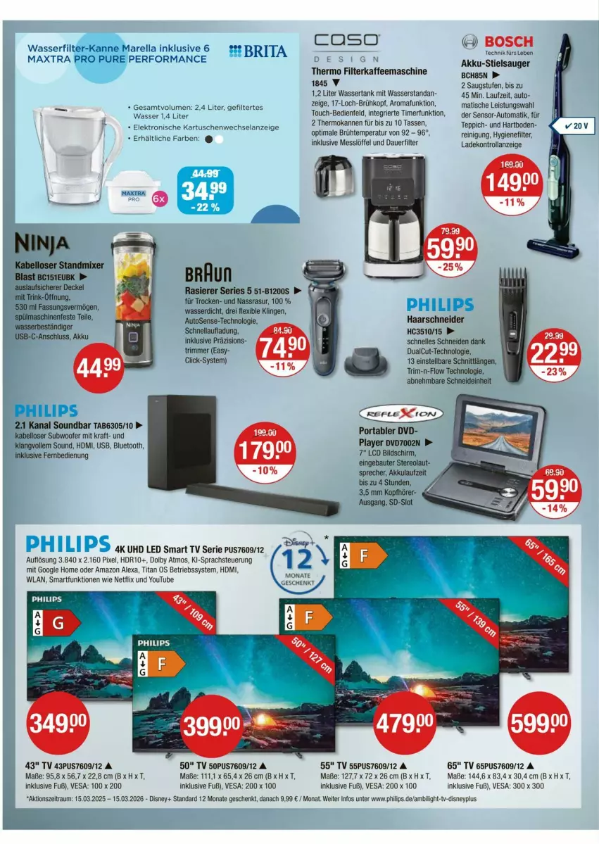 Aktueller Prospekt Vmarkt - Prospekte - von 03.07 bis 09.07.2025 - strona 14 - produkty: akku, alexa, amazon alexa, auer, auto, Bau, Betriebssystem, braun, brita, disney, dvd, eis, Elan, Elektro, elle, fernbedienung, filterkaffee, gsw, haarschneider, HDMI, hygienefilter, kaffee, kaffeemaschine, kopfhörer, kraft, Löffel, netflix, Philips, rasierer, Reinigung, rel, smart tv, soundbar, Stielsauger, Subwoofer, tasse, teppich, Ti, timer, tisch, uhd, usb, wasser, wassertank, Yo
