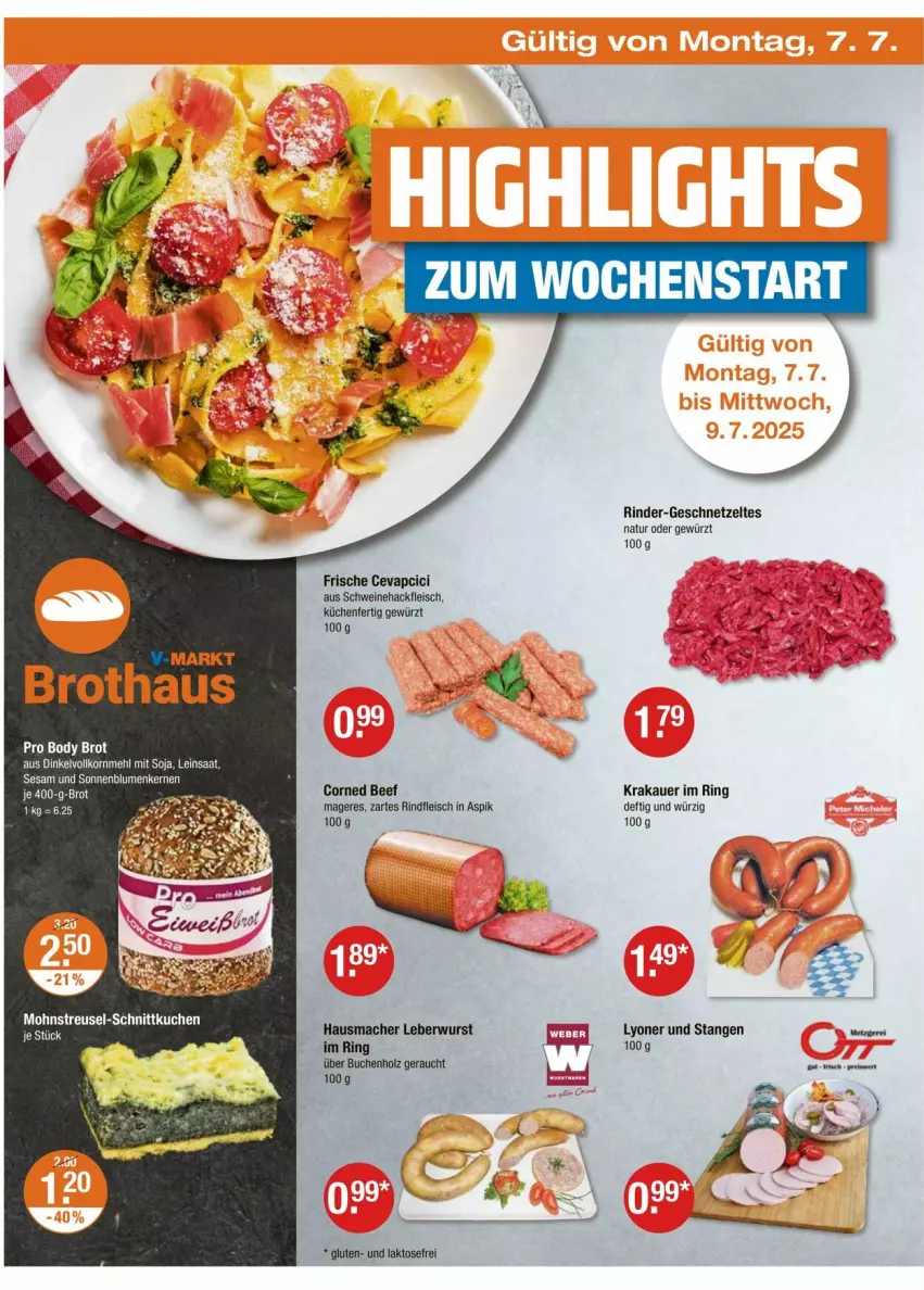Aktueller Prospekt Vmarkt - Prospekte - von 03.07 bis 09.07.2025 - strona 18 - produkty: auer, beef, body, brot, buch, cevapcici, corned beef, eis, fleisch, geschnetzeltes, gewürz, hackfleisch, Hausmacher, Holz, krakauer, küche, Küchen, kuchen, leberwurst, mac, natur, Rauch, rind, rinder, rindfleisch, ring, schwein, schweine, Schweinehackfleisch, tee, Ti, wein, weine, wurst, Zelt