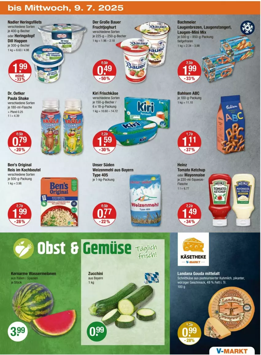 Aktueller Prospekt Vmarkt - Prospekte - von 03.07 bis 09.07.2025 - strona 19 - produkty: auer, bahlsen, Bau, Bauer, Becher, Ben’s Original, beutel, Dr. Oetker, eis, filet, filets, flasche, frischkäse, frucht, fruchtjoghurt, gin, gouda, heinz, hering, Herings, heringsfilets, joghur, joghurt, Käse, käsetheke, ketchup, kiri, kochbeutel, mayonnaise, mehl, milch, nadler, Paula, reis, ring, schnittkäse, shake, Ti, tomato ketchup, topf, type 405, weizenmehl, Yo, zucchini