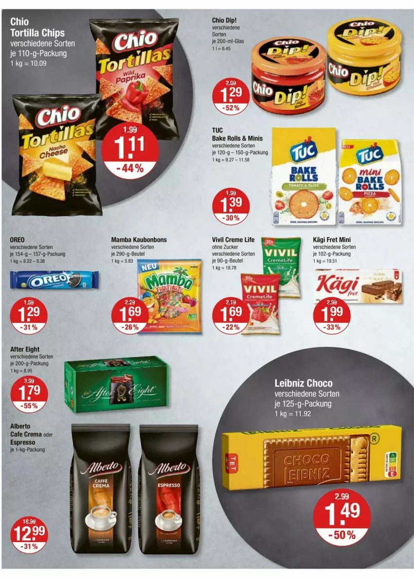 Aktueller Prospekt Vmarkt - Prospekte - von 03.07 bis 09.07.2025 - strona 8 - produkty: after eight, beutel, bonbons, chips, creme, dip, Kägi, leibniz, mam, oreo, Ti, tortilla, Tortilla Chips, tuc, zucker