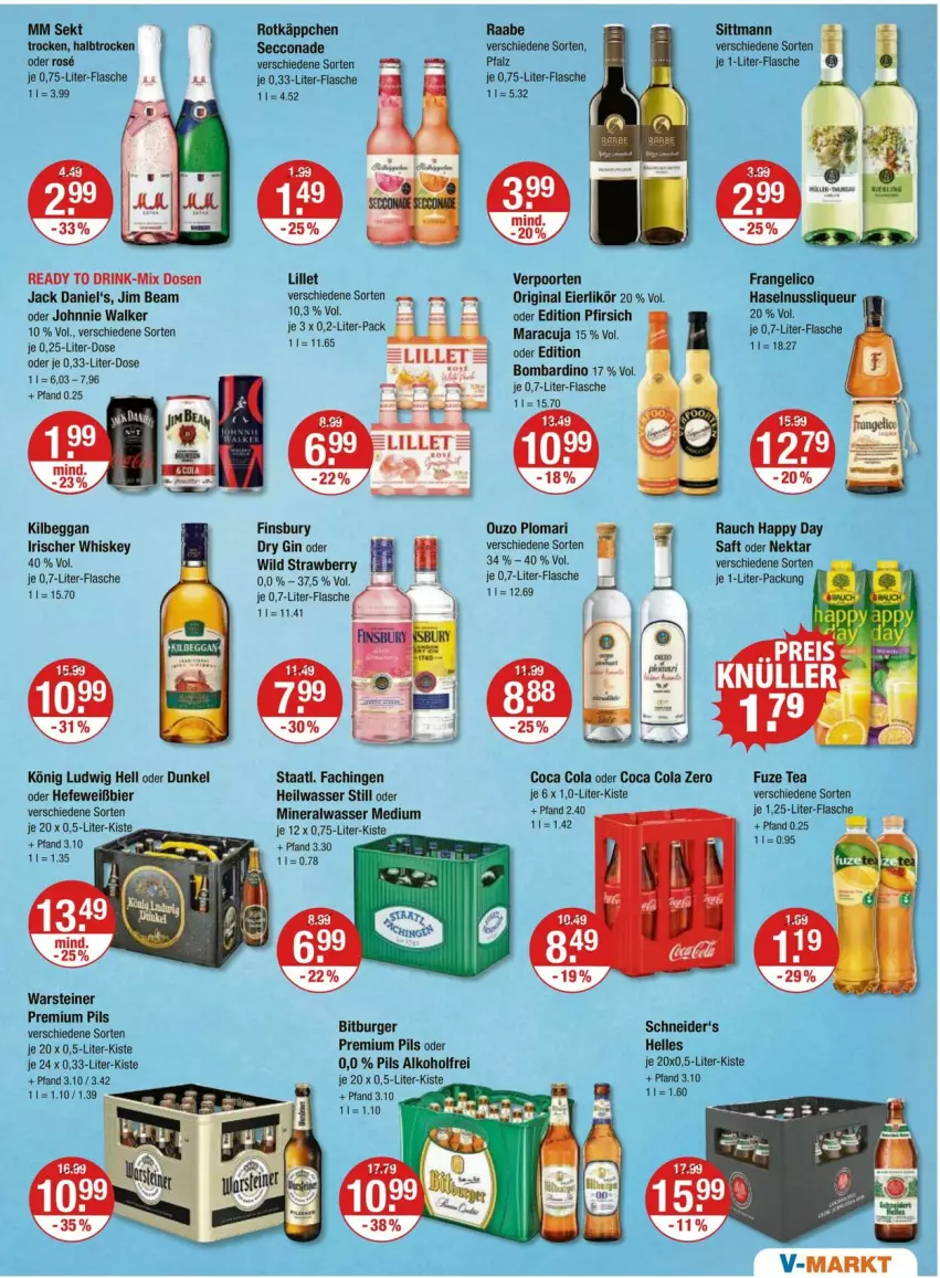 Aktueller Prospekt Vmarkt - Prospekte - von 03.07 bis 09.07.2025 - strona 9 - produkty: alkohol, Alwa, bier, bitburger, burger, cola, drink, dry gin, ecco, eier, eierlikör, elle, finsbury, flasche, frangelico, fuze tea, gin, Happy Day, haselnuss, Hefe, jack daniel, jack daniel's, jim beam, johnnie walker, kilbeggan, likör, lillet, liqueur, maracuja, mineralwasser, Mineralwasser Medium, Nektar, nuss, ouzo, pfirsich, pils, premium pils, Rauch, rotkäppchen, saft, sekt, Staatl. Fachingen, steiner, Ti, verpoorten, warsteiner, wasser, whiskey, Wild