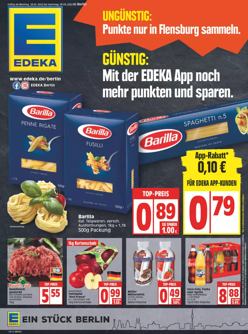 Aktueller Prospekt Edeka - Angebote der Woche - von 28.02 bis 05.03.2022 - strona 3 - produkty: angebot, barilla, braten, coca-cola, cola, deka, eis, ente, fanta, fanta oder, fanta oder sprite, flasche, fleisch, hackfleisch, mac, milch, Müller, müllermilch, oder sprite, pet-flasche, reis, rind, rwe, Schal, Schale, schwein, schwein und rind, sprite, tafeläpfel, teigwaren, Ti, top-preis, wein