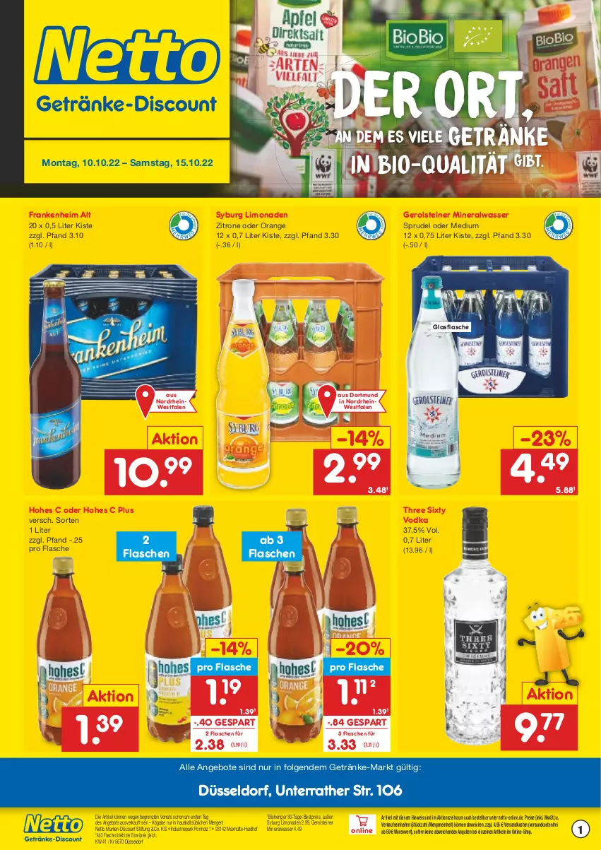 Aktueller Prospekt Netto Marken-Discount - Getränkemarkt in deiner Nähe - von 15.03.2021 bis 15.10.2022 - strona 1 - produkty: Alwa, angebot, angebote, bestpreis, bio, discount, eis, flasche, gerolsteine, gerolsteiner, getränk, getränke, glasflasche, Hohes C, Holz, LG, limo, limonade, limonaden, marken-discount, mineralwasser, ndk, orange, reis, Sprudel, steiner, Three Sixty, Ti, versandkostenfrei, vodka, wasser, zitrone, ZTE