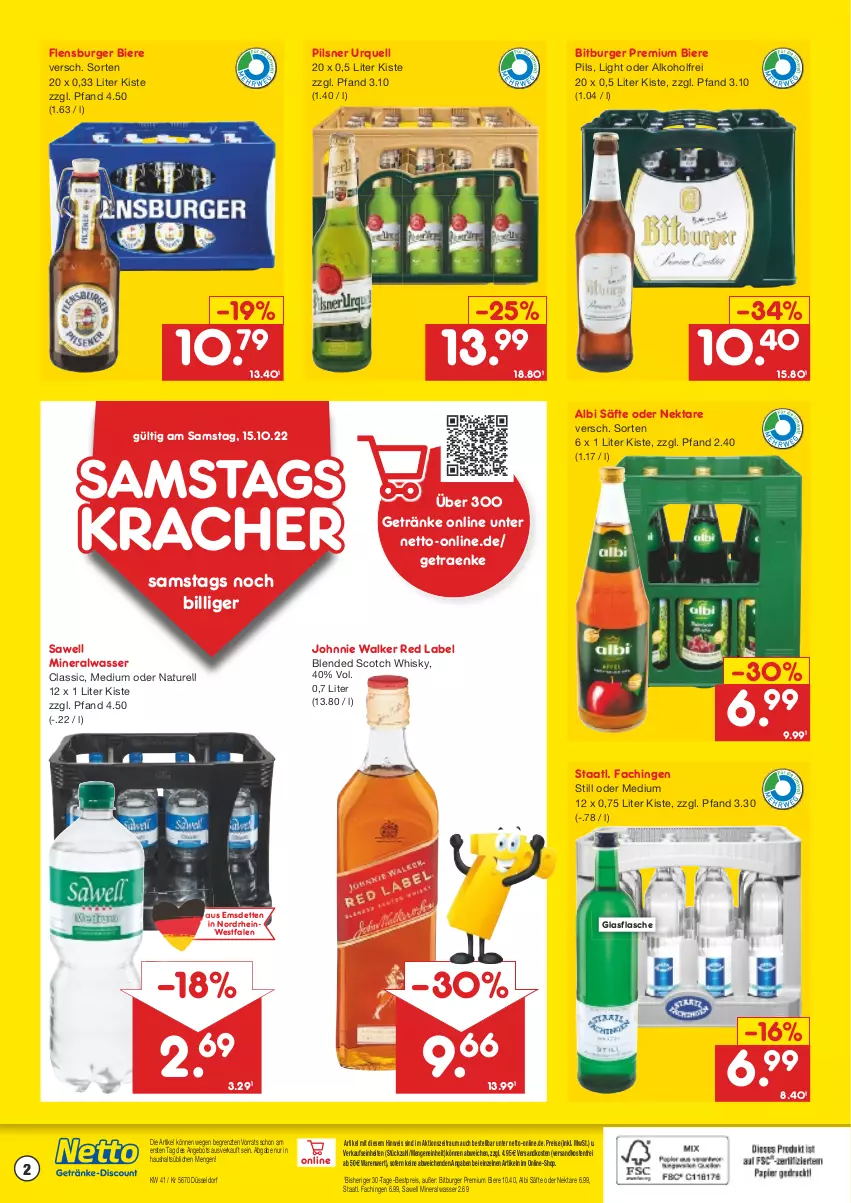 Aktueller Prospekt Netto Marken-Discount - Getränkemarkt in deiner Nähe - von 15.03.2021 bis 15.10.2022 - strona 2 - produkty: alkohol, Alwa, angebot, bestpreis, bier, Biere, bitburger, blended scotch, blended scotch whisky, burger, eis, flasche, flensburger, getränk, getränke, glasflasche, johnnie walker, kracher, mineralwasser, natur, ndk, Nektar, pils, pilsner, pilsner urquell, reis, rel, säfte, scotch, scotch whisky, Staatl. Fachingen, Ti, versandkostenfrei, wasser, whisky, ZTE