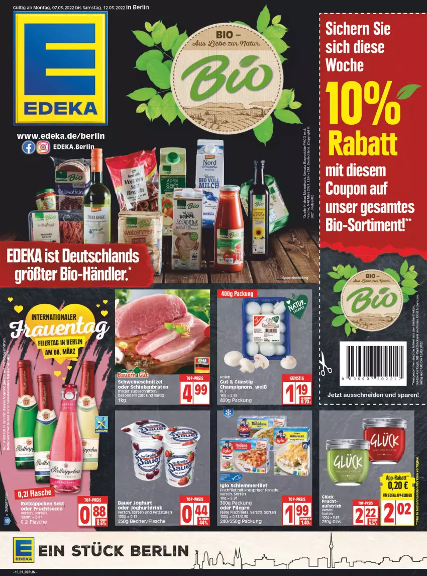 Aktueller Prospekt Edeka - Angebote der Woche - von 07.03 bis 12.03.2022 - strona 1 - produkty: Becher, bio, coupon, deka, drink, eier, eis, elle, fisch, flasche, Geflügel, obst, reis, Ti, top-preis