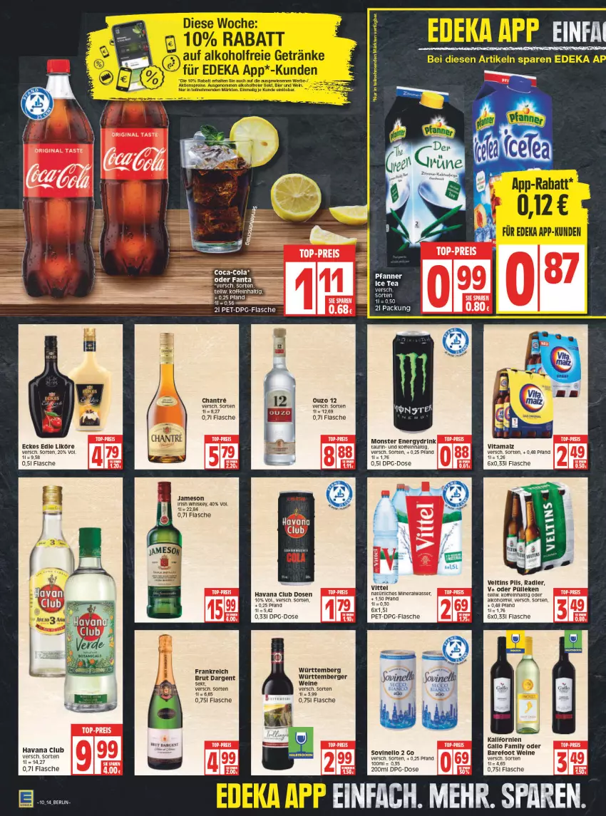 Aktueller Prospekt Edeka - Angebote der Woche - von 07.03 bis 12.03.2022 - strona 14 - produkty: alkohol, Alwa, Berger, brut, brut dargent, eis, flasche, gallo, gallo family, gin, Havana Club, irish whiskey, jameson, likör, malz, mineralwasser, monster, Monster Energy, natürliches mineralwasser, ouzo, ouzo 12, pils, radler, reis, rel, sekt, Ti, top-preis, veltins, vita, vitamalz, wasser, wein, weine, whiskey