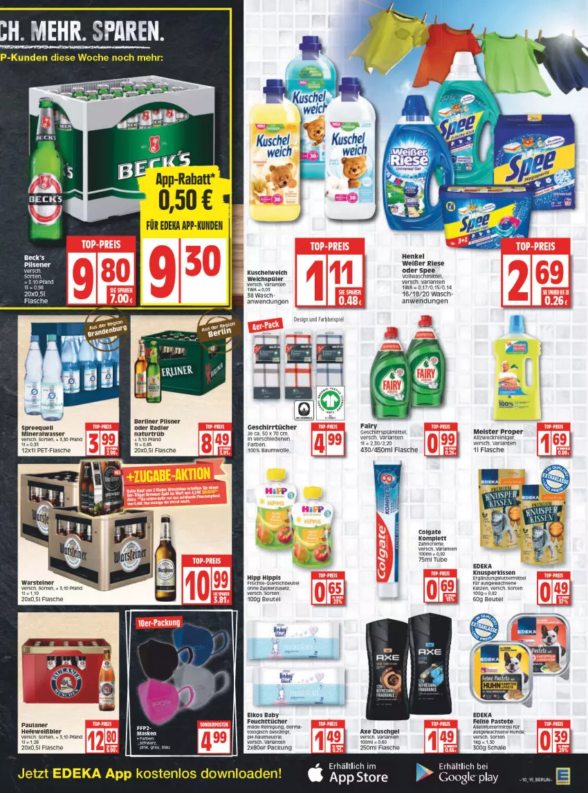 Aktueller Prospekt Edeka - Angebote der Woche - von 07.03 bis 12.03.2022 - strona 15 - produkty: alleinfuttermittel, allzweckreiniger, Alwa, arla, axe, axe duschgel, Bau, baumwolle, berliner, beutel, bier, bio, colgate, creme, deka, duschgel, eis, elkos, fairy, feuchttücher, flasche, früchte, geschirr, geschirrspülmittel, geschirrtücher, google play, Hefe, henkel, hipp, kissen, LG, Maske, Meister, meister proper, mineralwasser, natur, oder radler, pastete, Paula, paulaner, pet-flasche, pils, pilsener, quetschbeutel, radler, reiniger, Reinigung, Ria, Schal, Schale, spee, Spreequell, spülmittel, steiner, Ti, tücher, vollwaschmittel, warsteiner, waschmittel, wasser, weck, weichspüler, wolle, zahncreme, zucker