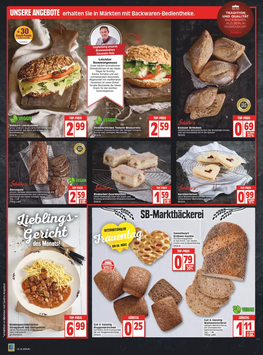 Aktueller Prospekt Edeka - Angebote der Woche - von 07.03 bis 12.03.2022 - strona 6 - produkty: alexa, angebot, backwaren, brot, brötchen, cola, creme, dinkelbrötchen, eis, elle, fleisch, frucht, gewürz, Hefe, himbeer, korn, Kornbrot, kuchen, leerdammer, LG, mac, marmelade, Meister, mozzarella, nuss, Ofen, Plunder, quark, reis, rel, rhabarber, rind, rindfleisch, roggenbrötchen, rucola, saft, sauce, snack, Spezi, Thea, Ti, tisch, tomate, tomaten, top-preis, vanille, weltmeisterbrot