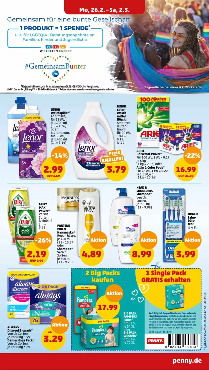 Aktueller Prospekt Penny - Prospekte - von 26.02 bis 02.03.2024 - strona 11 - produkty: Alwa, Always, angebot, angebote, ariel, Blüte, dailies, Discreet, elle, fairy, Kinder, lenor, lenor weichspüler, LG, Maske, oral-b, pampers, pantene, pantene pro-v, Pods, pril, pro-v, rum, shampoo, Ti, weichspüler