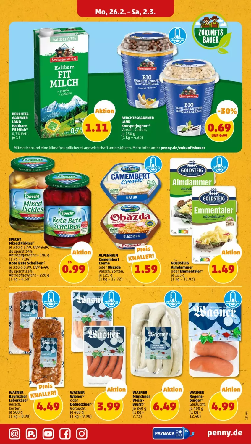 Aktueller Prospekt Penny - Prospekte - von 26.02 bis 02.03.2024 - strona 13 - produkty: Alpenhain, burger, camembert, camembert creme, creme, debrecziner, eis, emmentaler, goldsteig, Käse, leberkäs, leberkäse, Mixed Pickles, obazda, Rauch, rote bete, specht, wiener, wurst, Yo